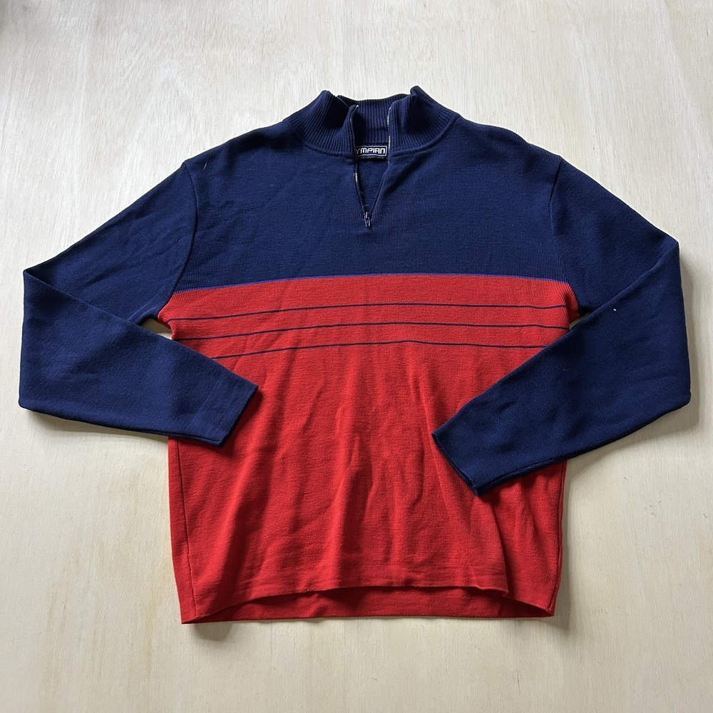 Vintage Olympian Sweater Mens Medium Navy Red Colorblock 1/4 Zip Mock Neck Knit